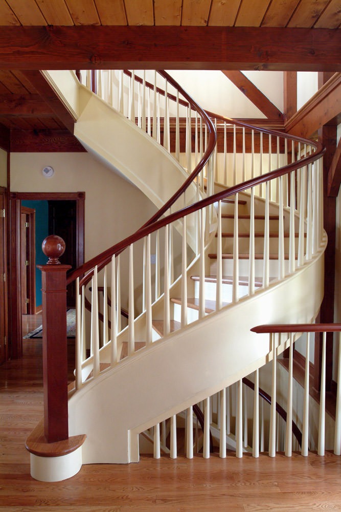 Spiral staircase in a post and beam home