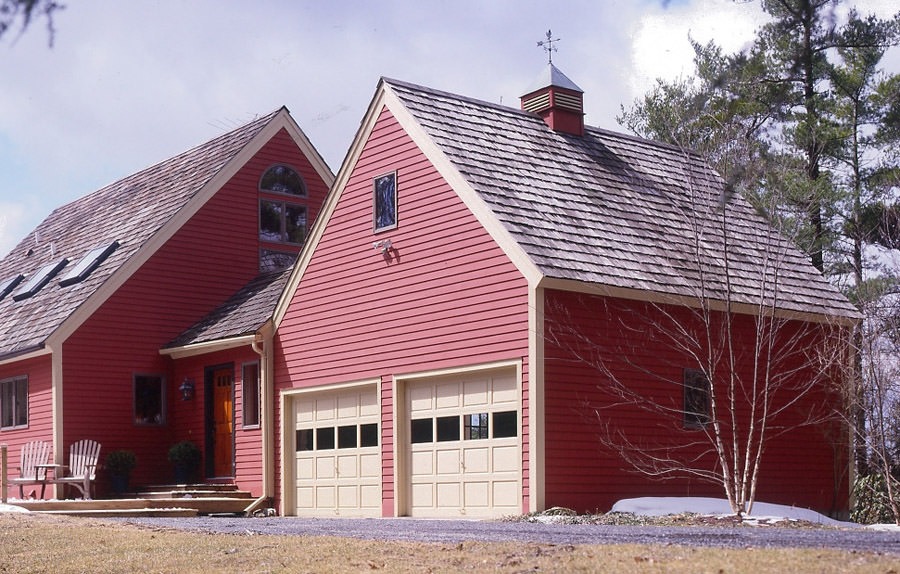 red barn garage with cupola