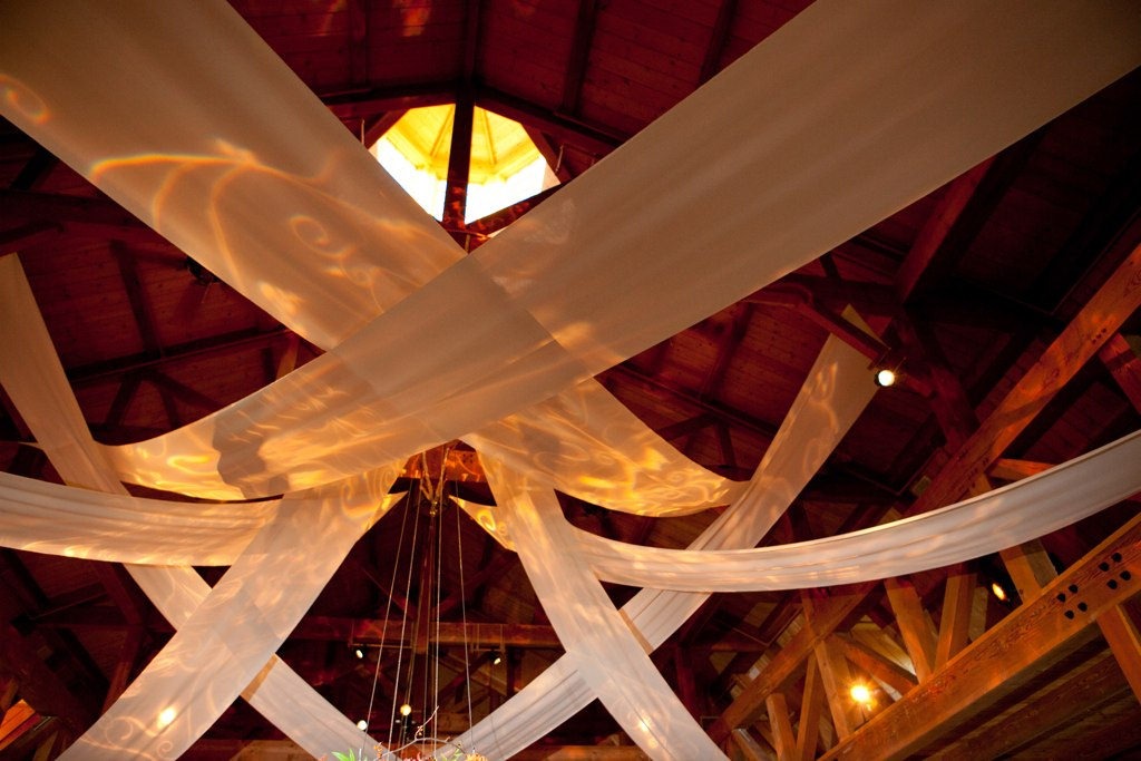 barn wedding decorated ceiling with cupola