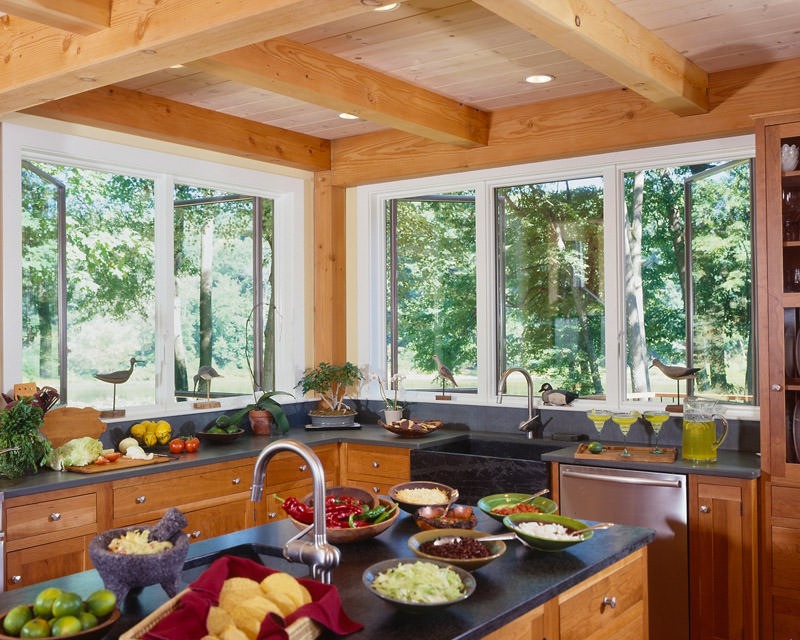 modern barn house kitchen with soapstone counters