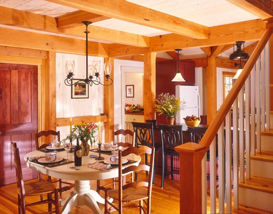 post and beam dining and kitchen