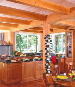 post and beam kitchen with wine rack