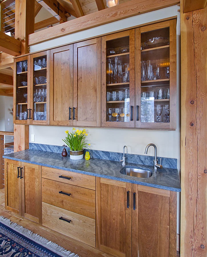 post and beam kitchen with soapstone couter tops