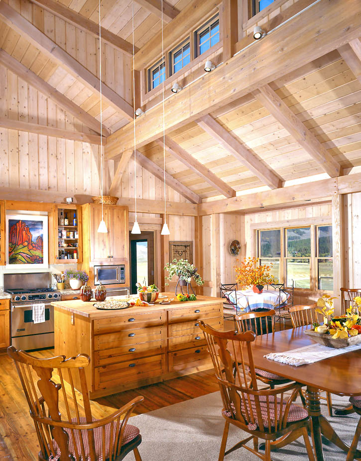 western style post and beam kitchen with cathedral ceilings