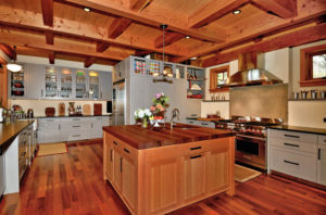 timber frame kitchen with large butcher top island