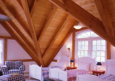 Orleans, MA (4753) bedroom with four twin beds, timber frame roof