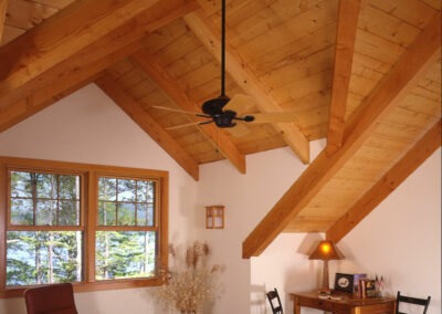 Little Lake Sunapee, NH (4797) bedroom with tall ceilings and timber framing