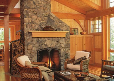 living room with cathedral ceiling and stone fireplace Intervale Pond Home Sandwich NH (5105) exterior