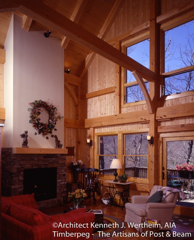 Montreat, NC (5424) view of timber framing in great room and looking towards fireplace