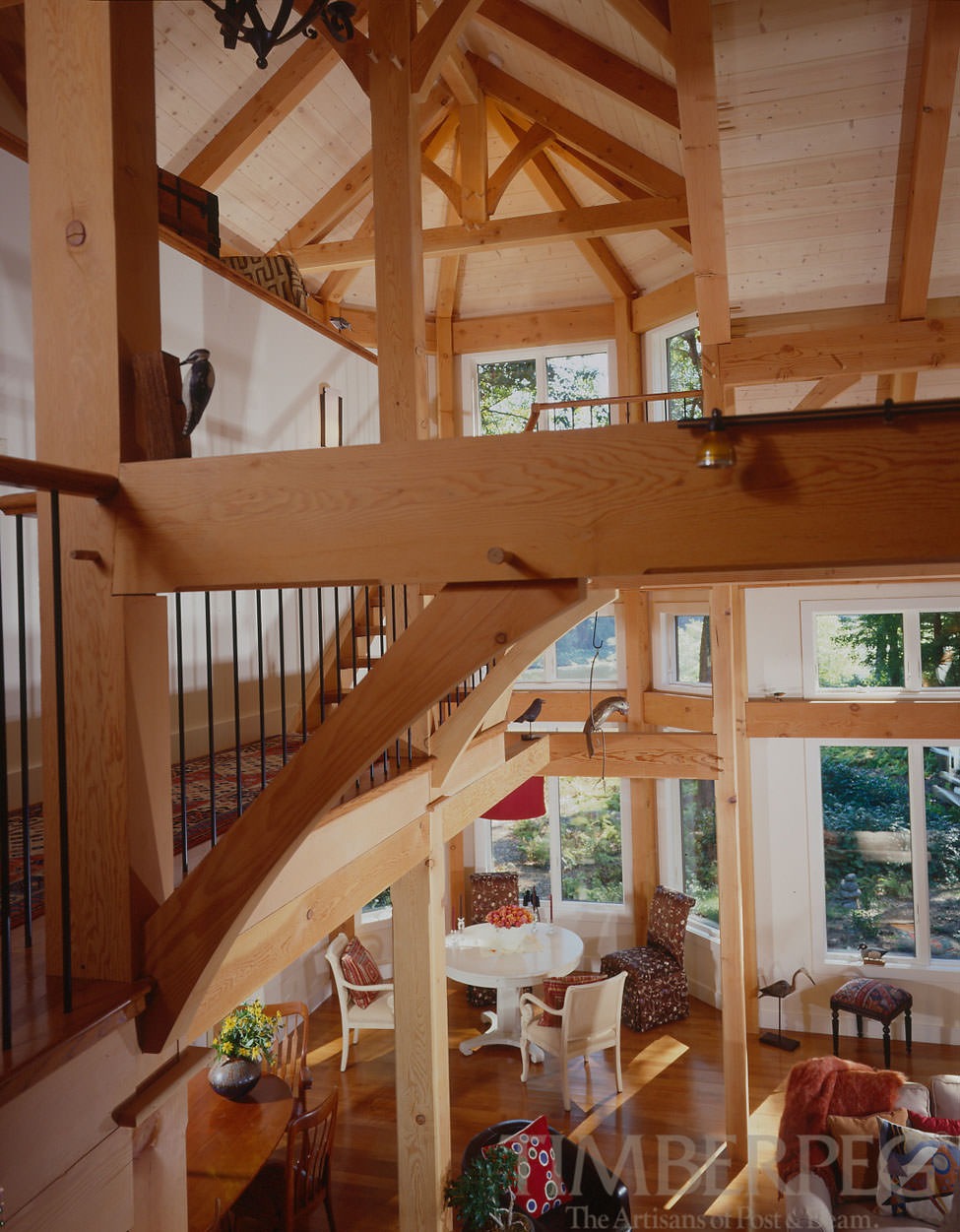 Concord, MA (5988) view from loft of timber frame ceiling and great room
