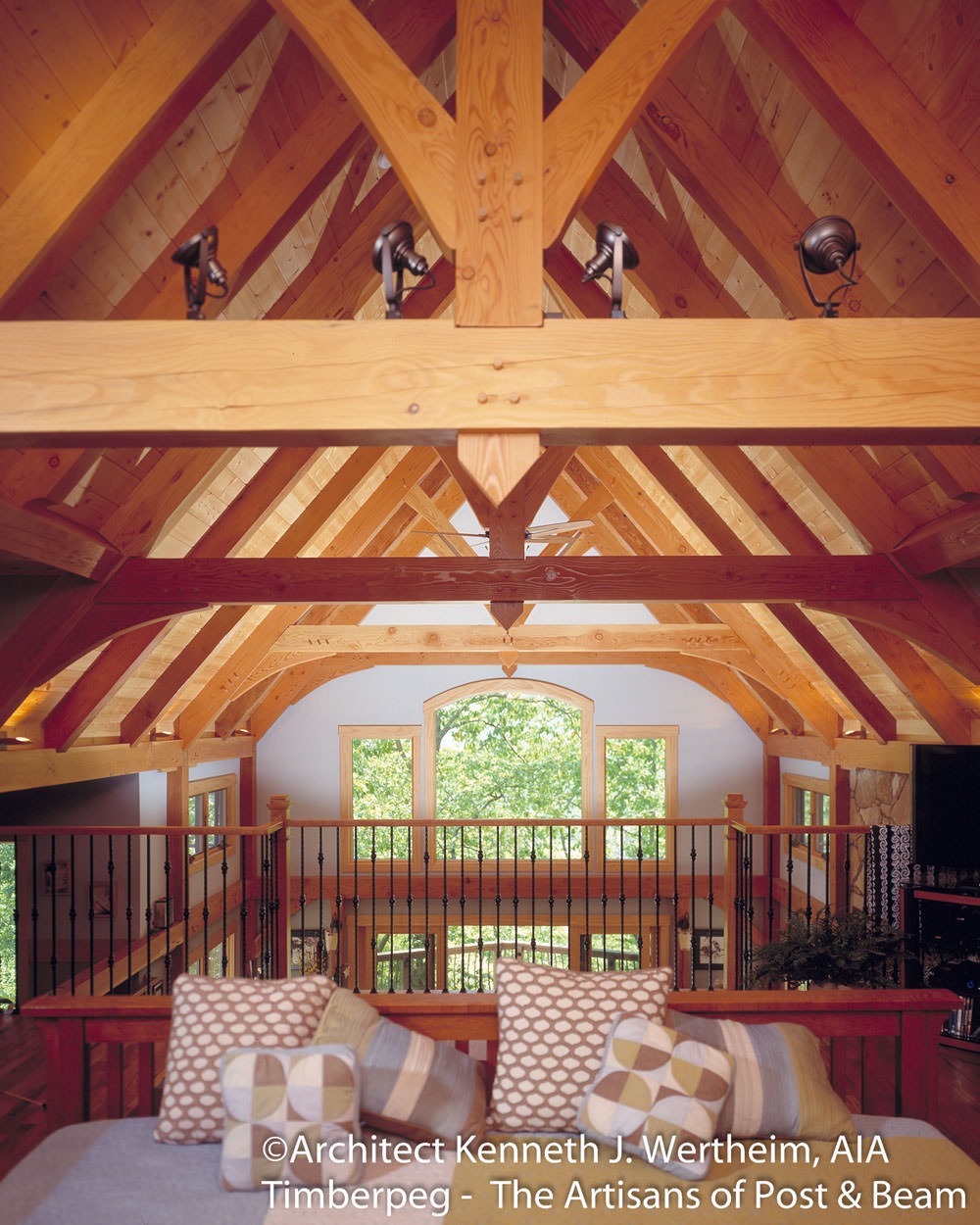 Mills River, NC (6049) loft bedroom view featuring timber frame cathedral ceiling