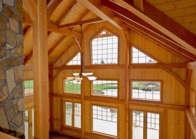 Sunburst Retreat, OR (6154/T00065) great room window wall and timber frame cathedral ceiling