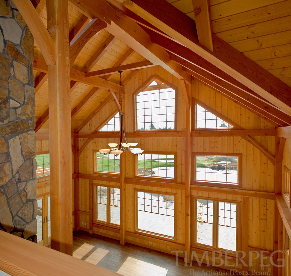 Sunburst Retreat, OR (6154/T00065) great room window wall and timber frame cathedral ceiling