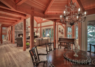 The Lassen Home (T00408) interior featuring timber frame and cathedral great room
