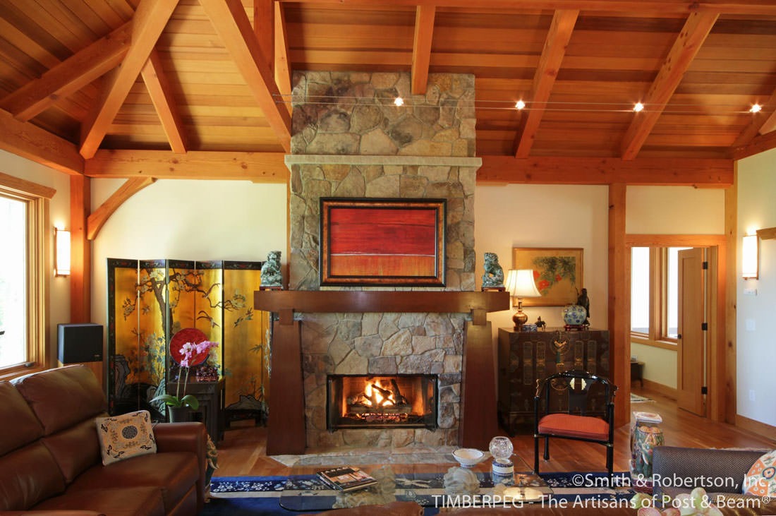 Contemporary Home Earlysville, VA (T00429) great room with timber frame and stone fireplace