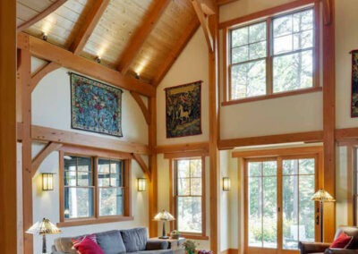 Lincoln, MA (T00732) great room with timber framing and large windows