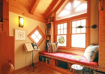Stoney Creek VA 5902 cozy timber frame window seat with built-in bookshelves and a witch window