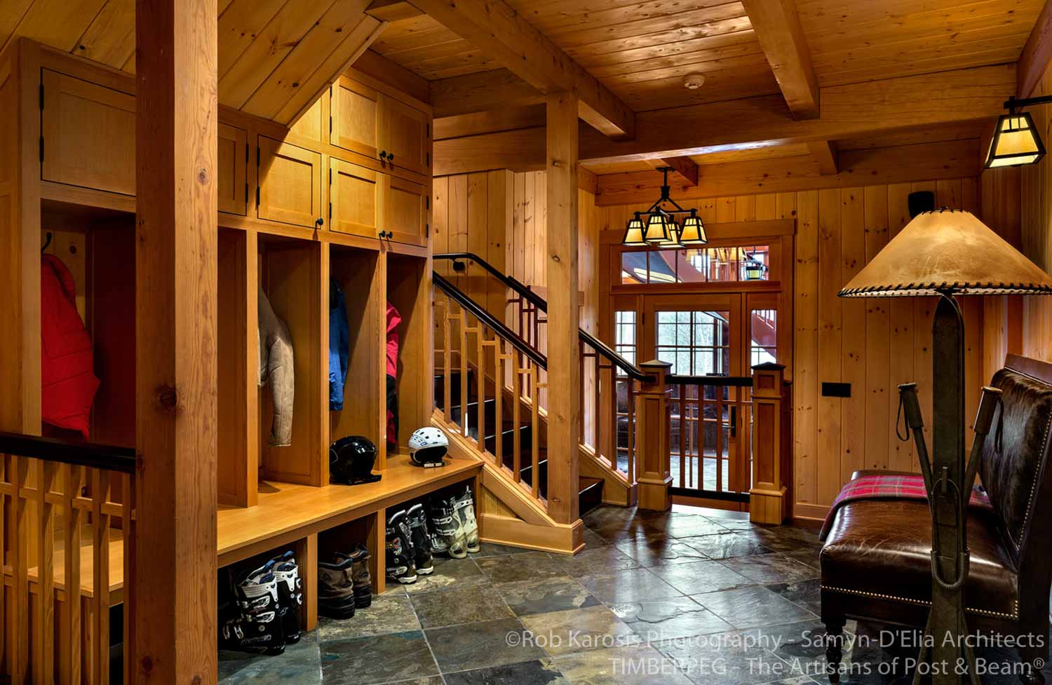 Lincoln Ski Home mudroom with ski lockers and ski boot storage
