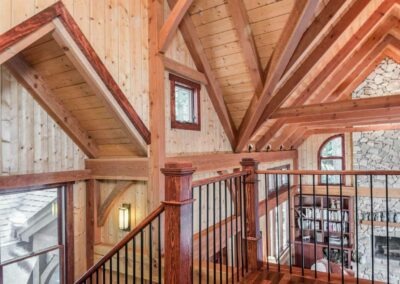Leconte, Asheville, NC (5607) view from loft out over great room cathedral ceiling with timber frame