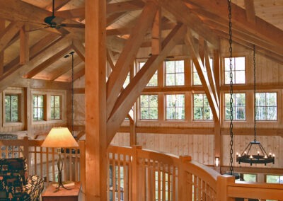 view of Squam Lake Lodge timber framing from loft