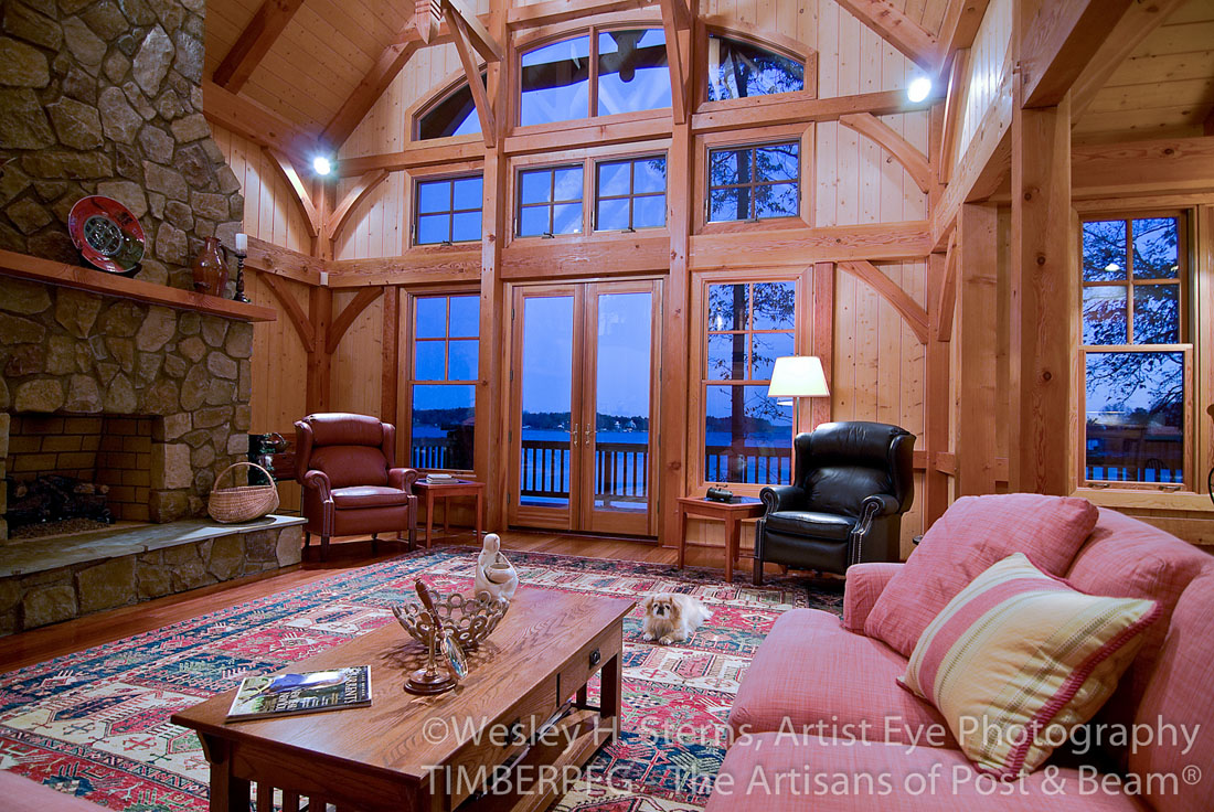 Lake Norman great room with large fireplace and cathedral ceilings