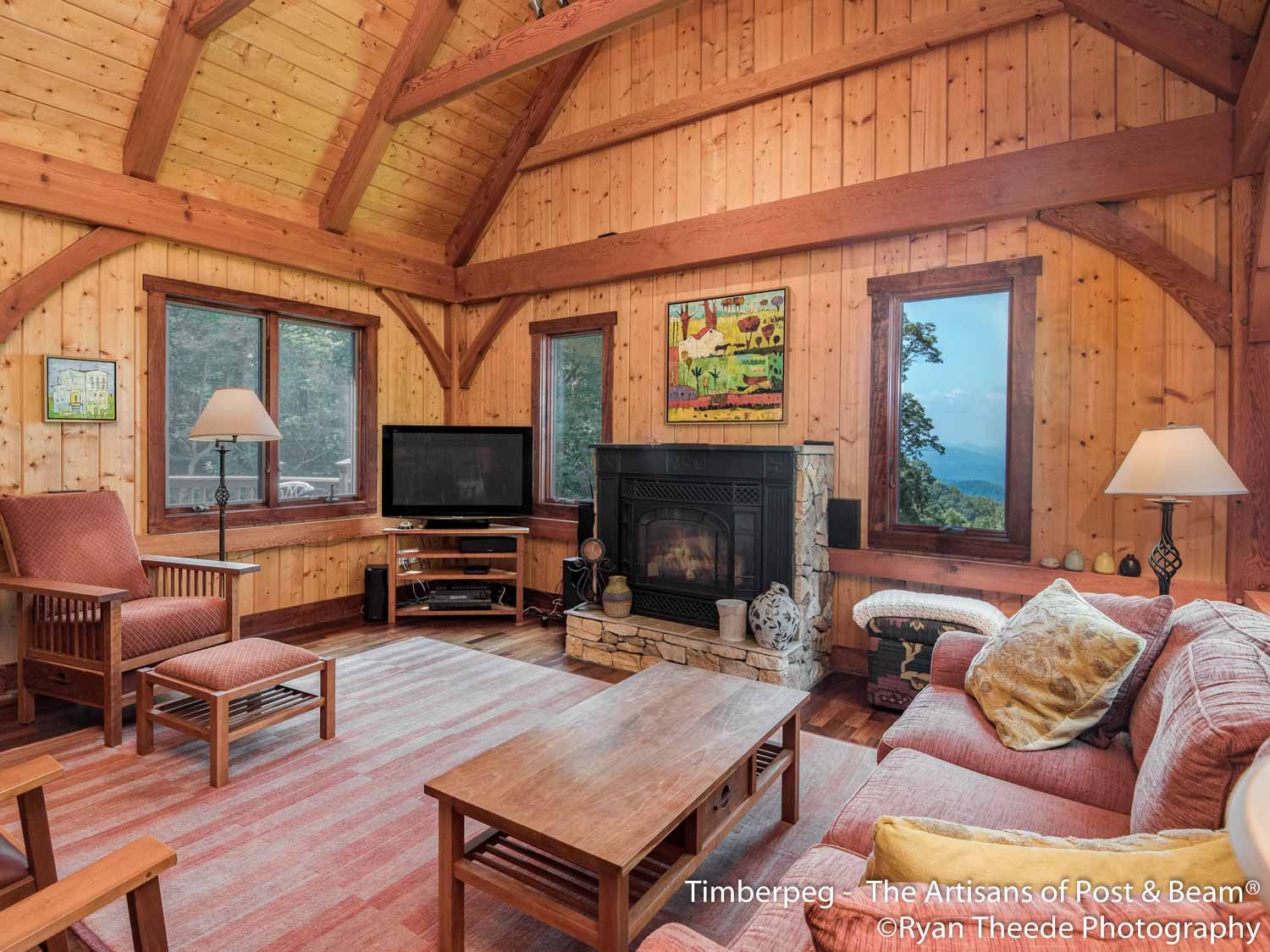 Leconte Mountain Cottage Asheville, NC (5607) great room featuring timber frame, cathedral ceiling, fireplace