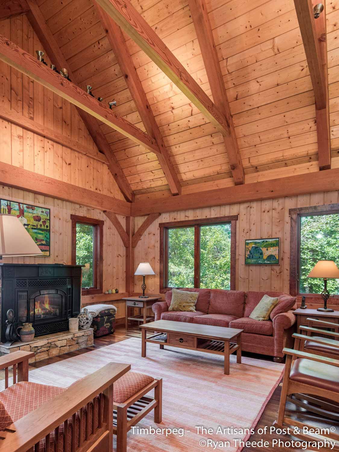 Leconte Mountain Cottage Asheville, NC (5607) great room with timber frame cathedral ceiling