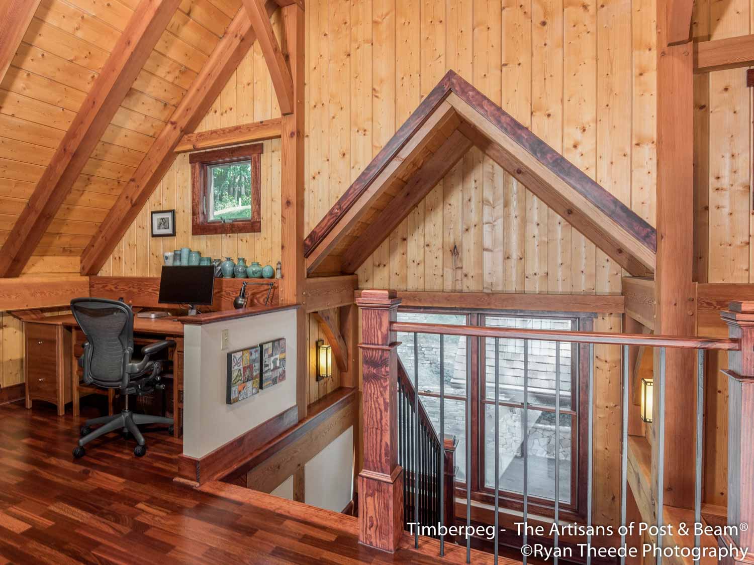 Leconte Mountain Cottage Asheville, NC (5607) stairs up to office loft area featuring beautiful beams and timber frame