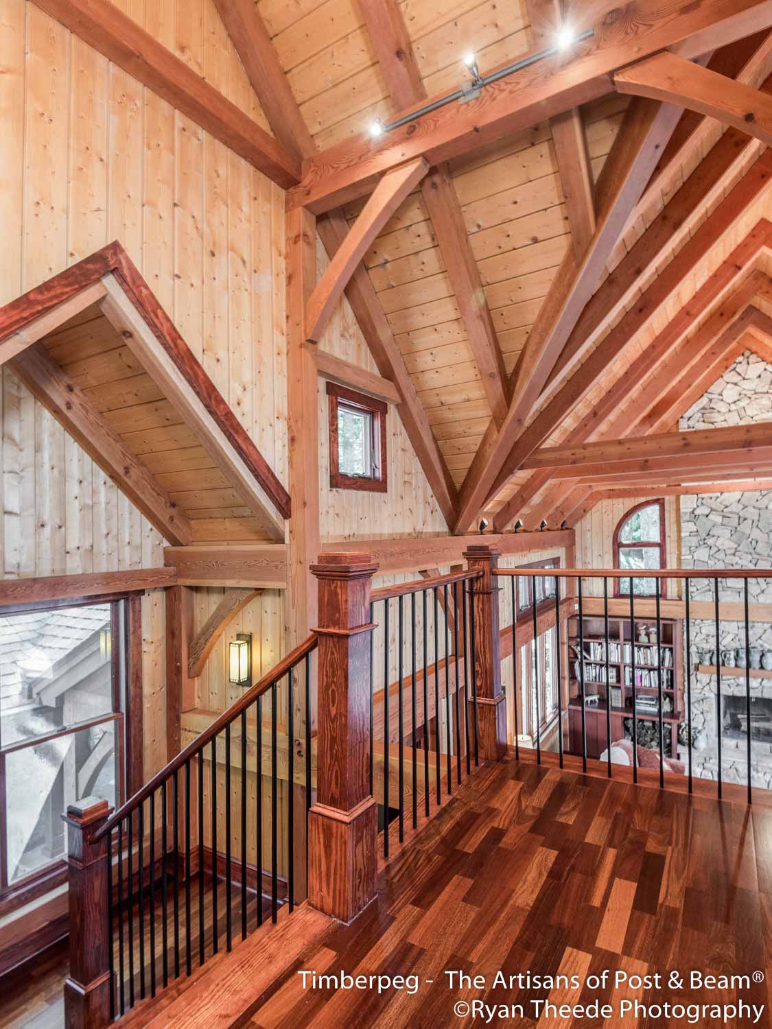 Leconte Mountain Cottage Asheville, NC (5607) loft view of stairs and across cathedral ceiling of great room