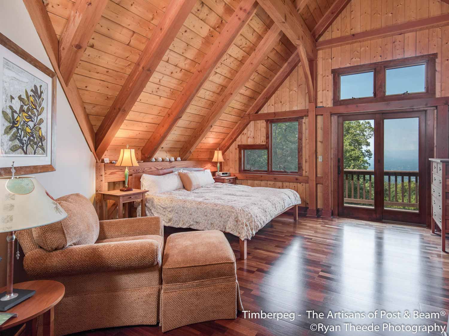 Leconte Mountain Cottage Asheville, NC (5607) bedroom with sloped ceiling and timber frame