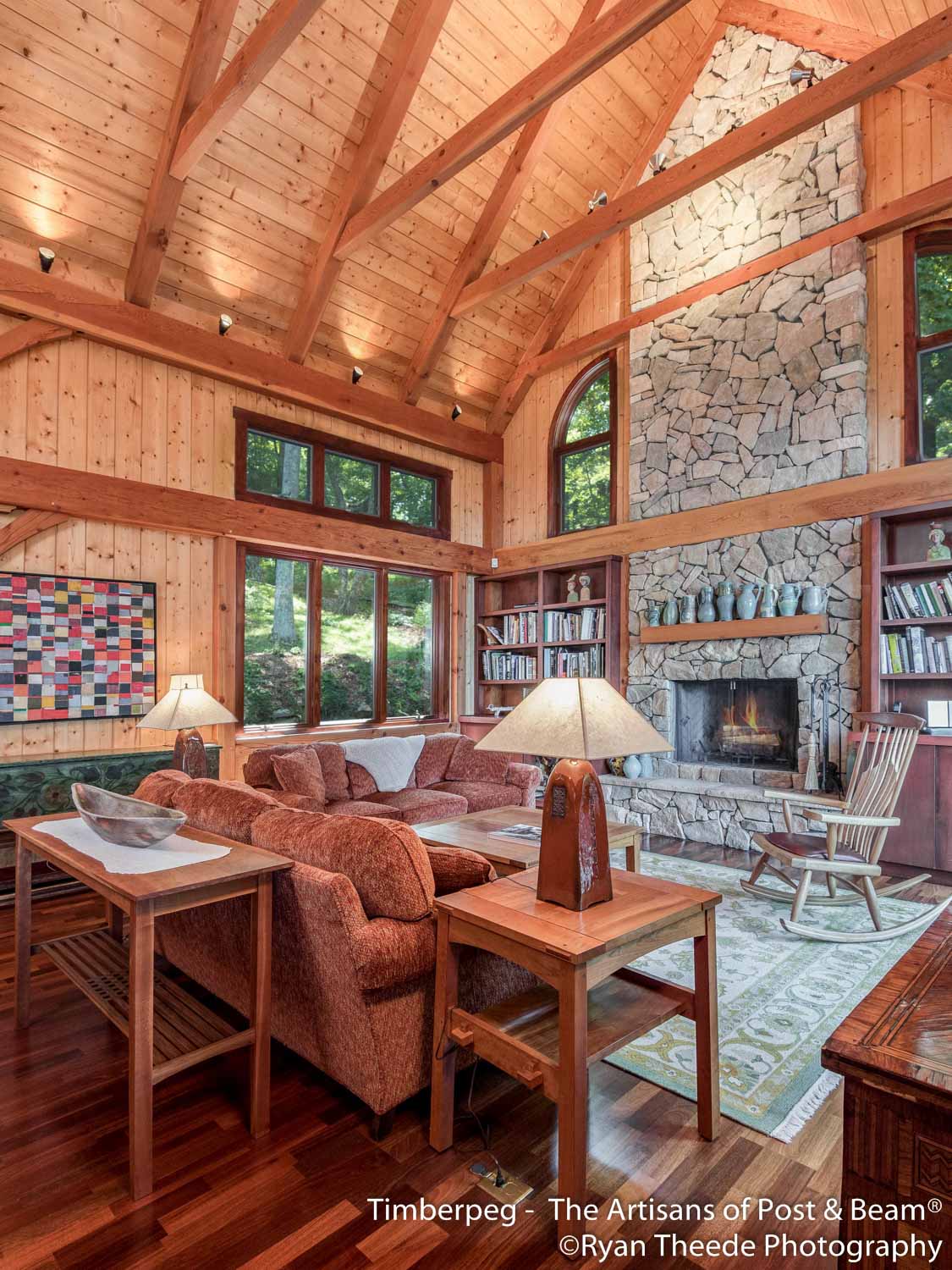 Leconte Mountain Cottage Asheville, NC (5607) great room with cathedral ceiling and stone fireplace