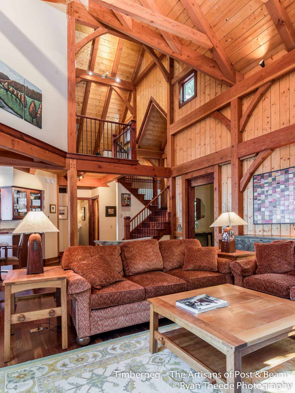 Leconte Mountain Cottage Asheville, NC (5607) view of great room with cathedral timber frame ceiling
