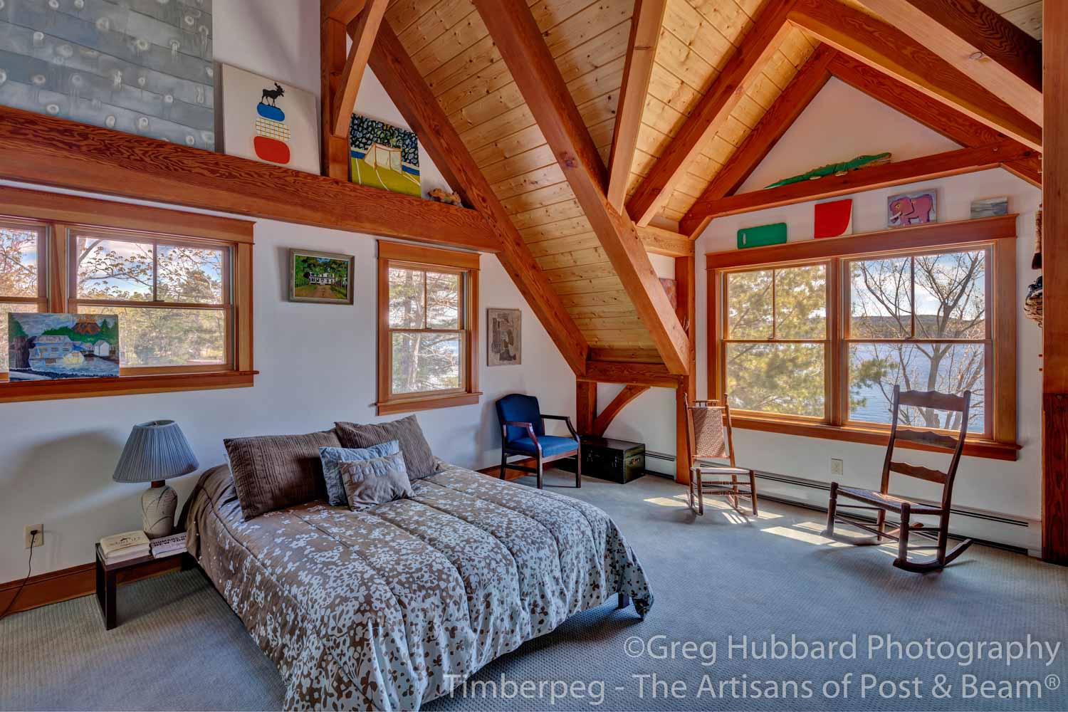 Birch Point T00352 bedroom with timber frame ceiling and view to lake sunapee